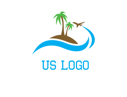 palm trees on island and airplane travel logo