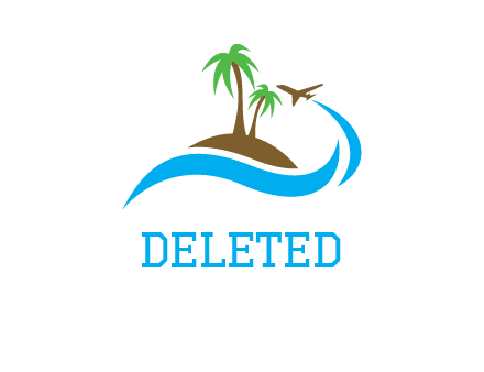 palm trees on island and airplane travel logo