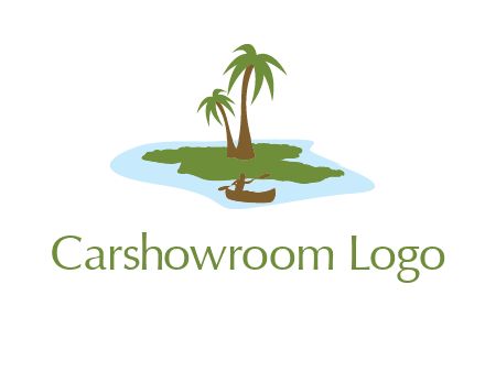 man rowing canoe to palm trees island illustration