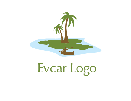 man rowing canoe to palm trees island illustration