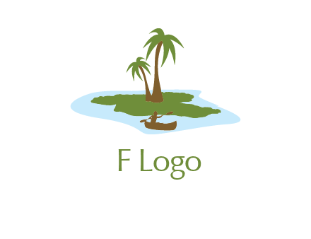 man rowing canoe to palm trees island illustration