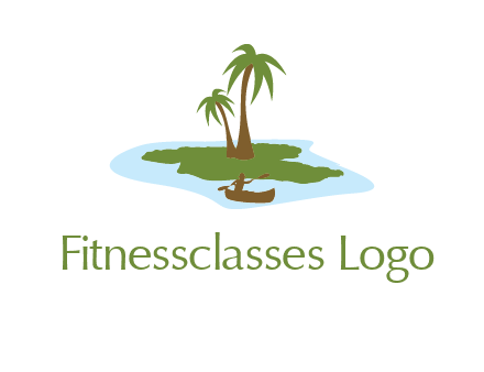 man rowing canoe to palm trees island illustration