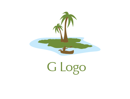 man rowing canoe to palm trees island illustration