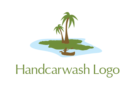 man rowing canoe to palm trees island illustration