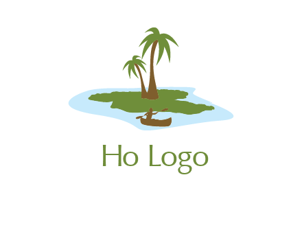 man rowing canoe to palm trees island illustration