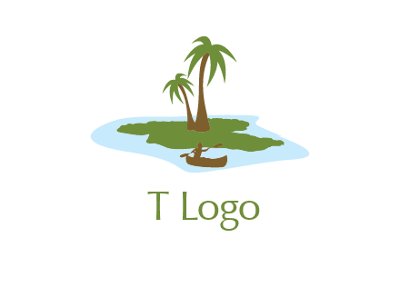 man rowing canoe to palm trees island illustration