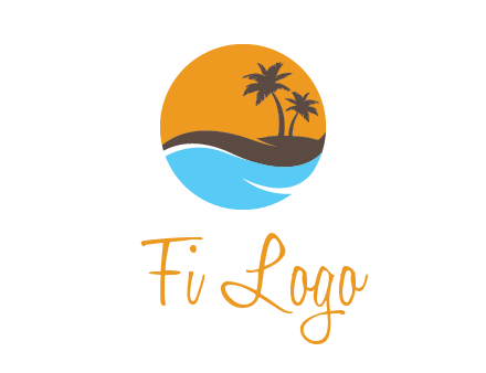 palm trees and waves in circle travel logo