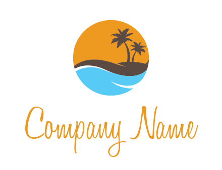 palm trees and waves in circle travel logo