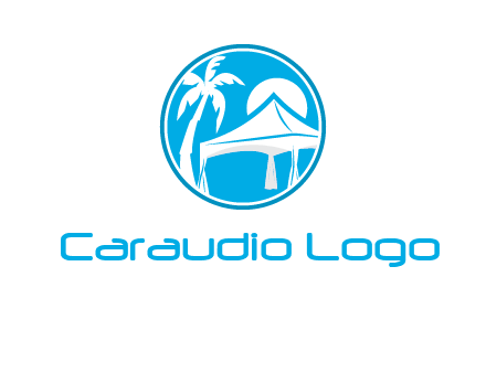 palm tree and tent in circle travel logo