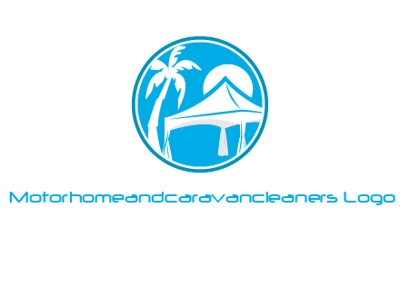 palm tree and tent in circle travel logo