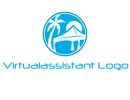 palm tree and tent in circle travel logo