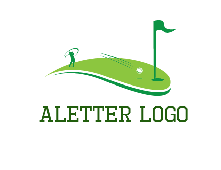 man standing on turf swinging golf club hits ball into hole illustration