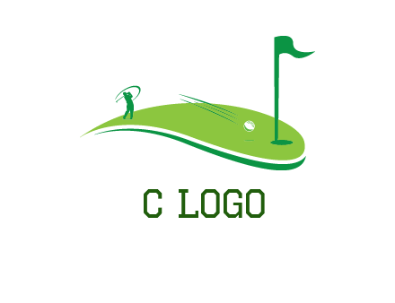 man standing on turf swinging golf club hits ball into hole illustration