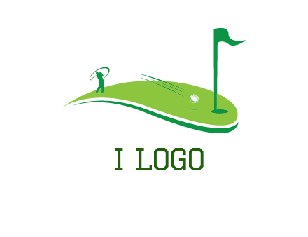 man standing on turf swinging golf club hits ball into hole illustration