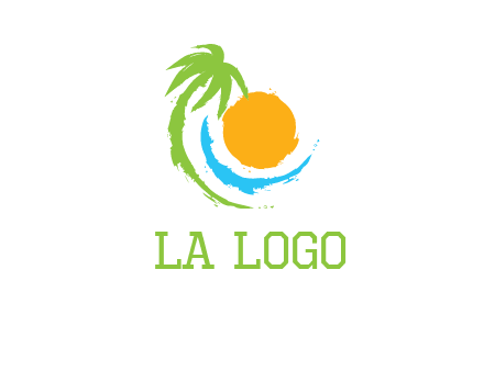 palm tree and wave curving around the sun logo