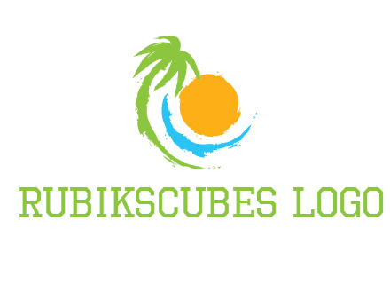 palm tree and wave curving around the sun logo