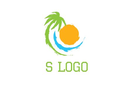 palm tree and wave curving around the sun logo