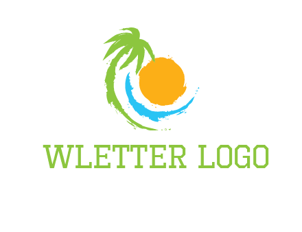 palm tree and wave curving around the sun logo