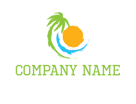 palm tree and wave curving around the sun logo