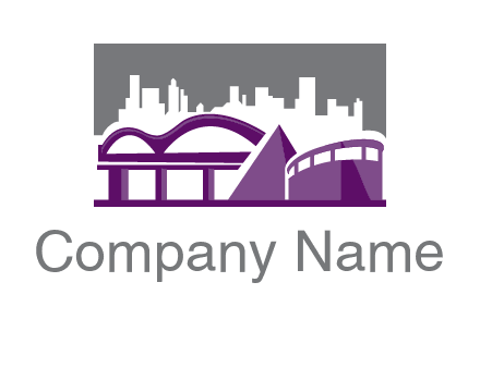 city skyline logo with skyscrapers, a pyramid and rail road bridge