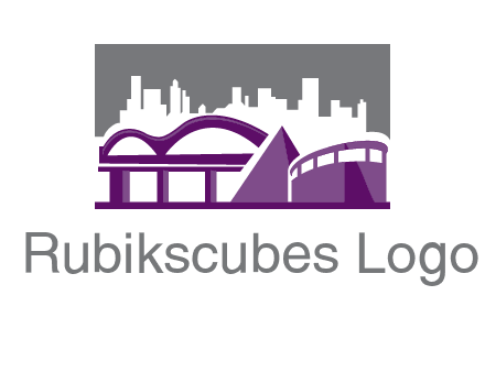 city skyline logo with skyscrapers, a pyramid and rail road bridge