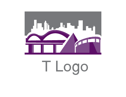 city skyline logo with skyscrapers, a pyramid and rail road bridge