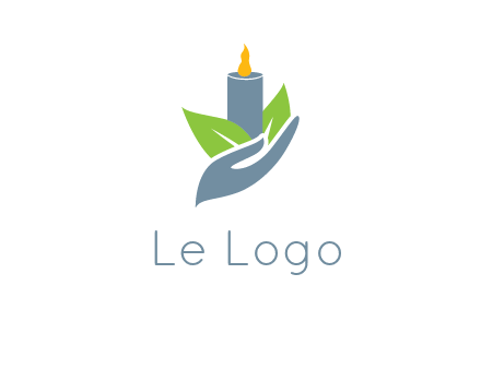 leaves and candle resting on a hand logo