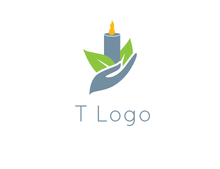 leaves and candle resting on a hand logo