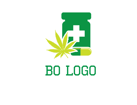 marijuana leaf, capsule and medicine jar logo