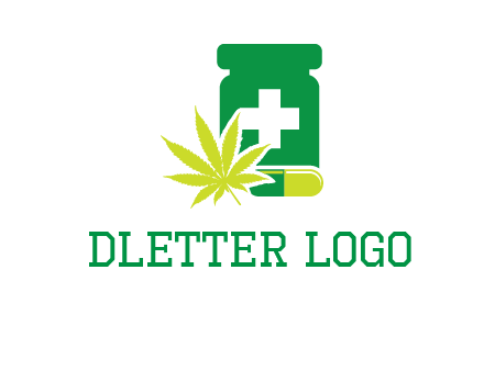 marijuana leaf, capsule and medicine jar logo