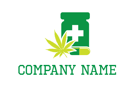 marijuana leaf, capsule and medicine jar logo