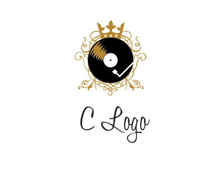 vinyl record with a crown and intricate patterns logo