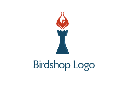 chess rook with phoenix flames logo