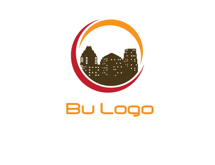 buildings inside a circular logo