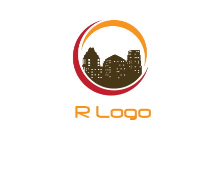 buildings inside a circular logo