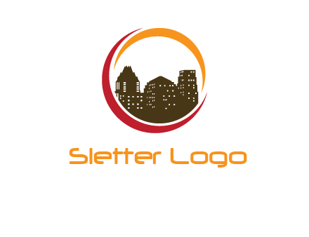 buildings inside a circular logo