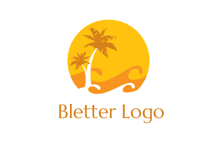 sun logo with palm trees and waves in front