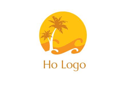 sun logo with palm trees and waves in front