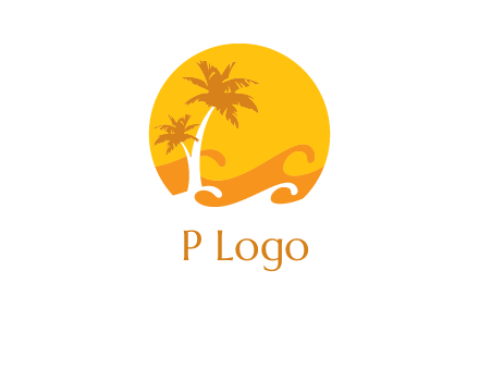 sun logo with palm trees and waves in front