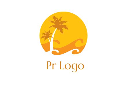 sun logo with palm trees and waves in front