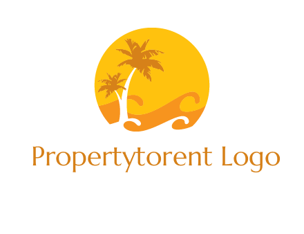 sun logo with palm trees and waves in front