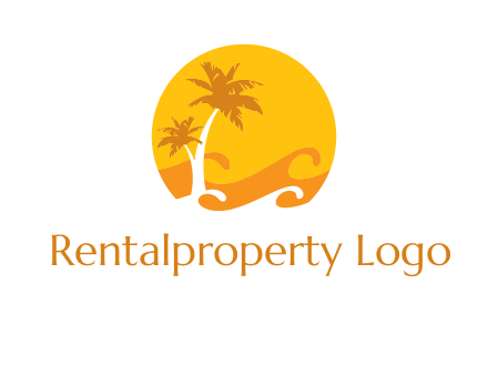 sun logo with palm trees and waves in front