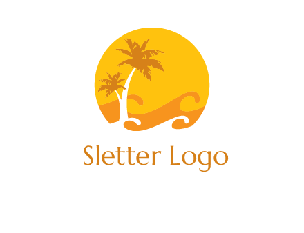 sun logo with palm trees and waves in front