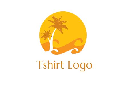 sun logo with palm trees and waves in front