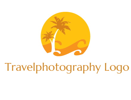 sun logo with palm trees and waves in front