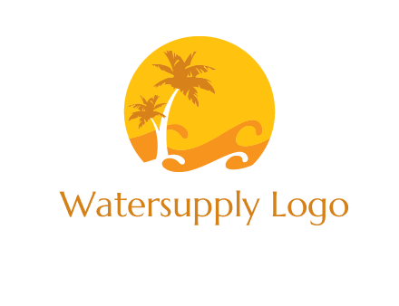 sun logo with palm trees and waves in front