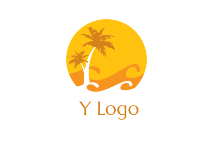 sun logo with palm trees and waves in front