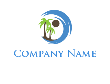 blue brush stoke or waves around sun and palm trees logo