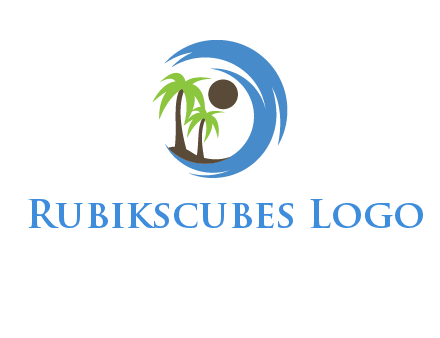 blue brush stoke or waves around sun and palm trees logo