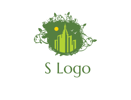 city skyline inside a nest with vines logo